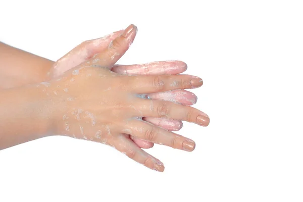 Close Washing Hands Soap Isolated White Background Coronavirus Prevention Hand — Stock Photo, Image
