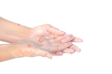 Beyaz arka planda izole edilmiş kırmızı korona virüsü olan ellerini sabunla yıka. Coronavirus önleyici el hijyeni. Corona Virüsü sık sık ellerini temizleyerek salgın hastalıktan korunuyor..