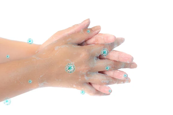 Close Washing Hands Soap Blue Corona Virus Isolated White Background — Stock Photo, Image