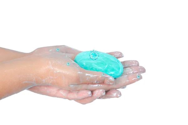 Close Washing Hands Soap Blue Corona Virus Isolated White Background — Stock Photo, Image
