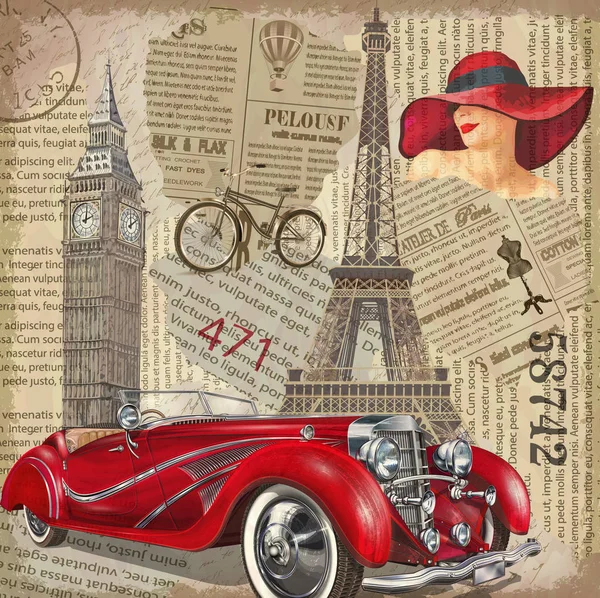 Vintage poster Paris, London rivna tidningen bakgrund. — Stock vektor