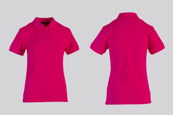 light red womens blank polo shirt, front and back view isolated on white on invisible mannequin