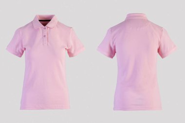 Pembe kadınların boş polo tişörtü, ön ve arka görüş beyaz üzerine izole edilmiş görünmez manken