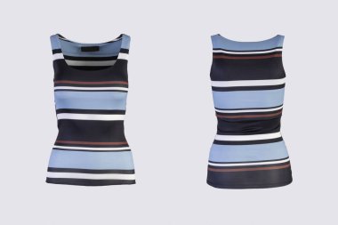 Çizgili atlet üstü beyaz arkaplan ön ve arka görünümde izole edildi