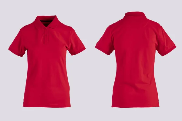 Mulheres vermelhas camisa pólo em branco, frente e verso vista isolada no branco no manequim invisível — Fotografia de Stock
