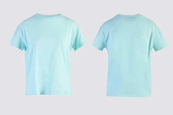 Branco bebê azul fêmea t-shirt isolado no fundo branco frente e traseira vista no manequim invisível — Fotografia de Stock