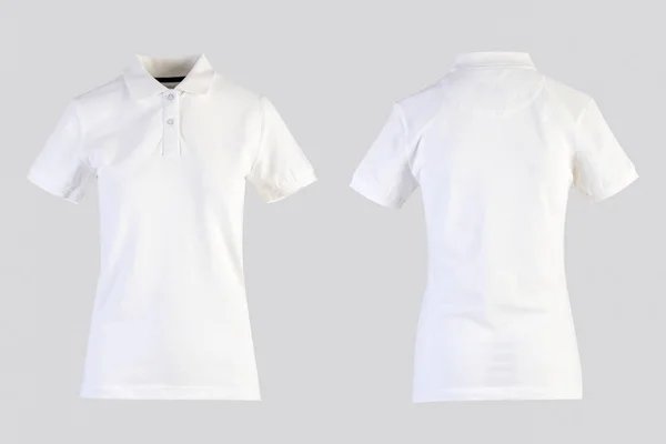 Camisa branca do pólo das mulheres em branco, vista dianteira e traseira isolada no branco no manequim invisível — Fotografia de Stock