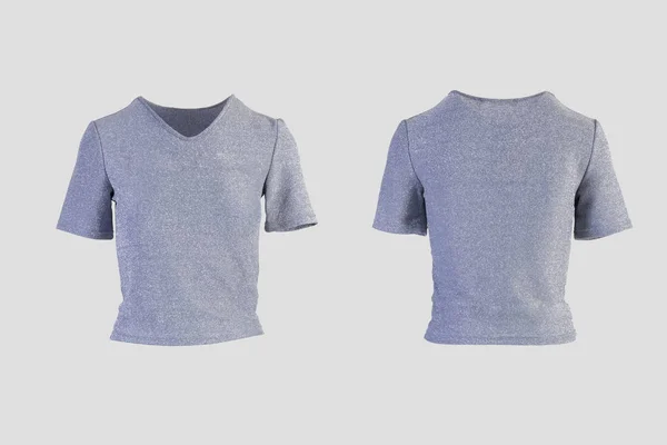 Brilhante v pescoço camisa fêmea t-shirt isolado no fundo branco frente e traseira vista no manequim invisível — Fotografia de Stock