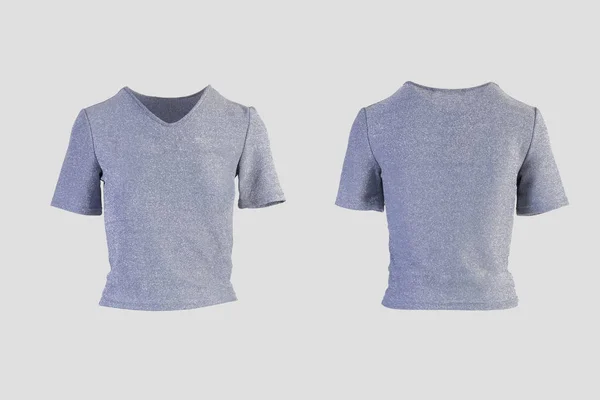 Glinsterende v hals shirt vrouwelijk t-shirt Geïsoleerd op witte achtergrond voor- en achteraanzicht op onzichtbare mannequin — Stockfoto