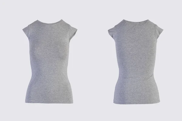 Camiseta de manga corta gris en blanco para mujer, plantilla de vista trasera delantera y trasera. Camisa en blanco maqueta para el diseño de impresión. Aislado sobre blanco —  Fotos de Stock