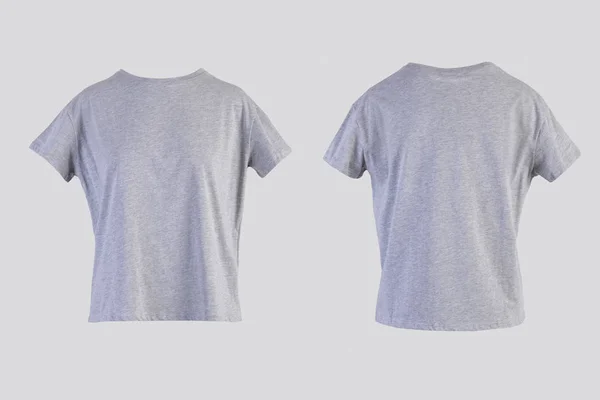 Blank light gray female t-shirt Isolated on white background front and back rear view on invisible mannequin — Stock Photo, Image