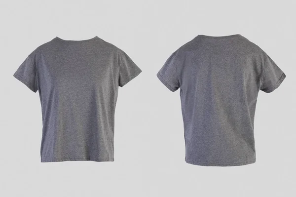 Blank gray female t-shirt Isolated on white background front and back rear view on invisible mannequin — Stock Photo, Image