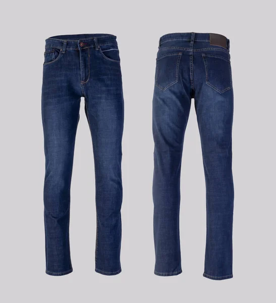 Jeans uomo blu isolato su sfondo bianco, vista anteriore e posteriore — Foto Stock