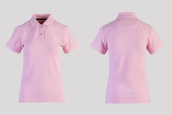 Polo blanc femme rose, vue avant et arrière isolé sur blanc sur mannequin invisible Images De Stock Libres De Droits