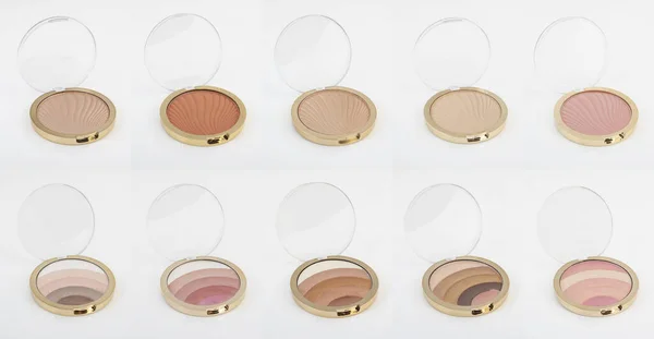 Big set of Face Cosmetic Makeup Powder blusher and eyeshadow in gold Round Plastic Case on White Background — 图库照片