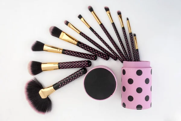 Pink-a-dot lunares 11 piezas maquillaje cepillo conjunto sobre un fondo blanco . — Foto de Stock