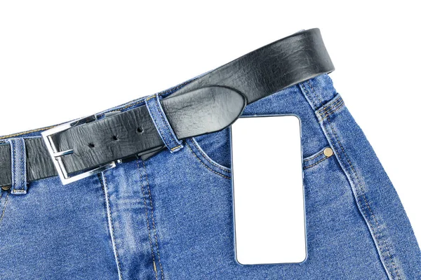 Auf Der Jeans Liegt Ein Telefon Ein Telefon Mit Weißem — Stockfoto