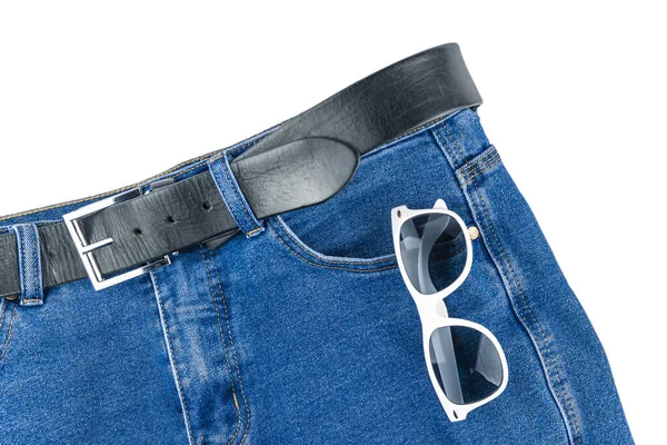 Trousers Sun Covered Glasses Lie White Background — Stock Photo, Image