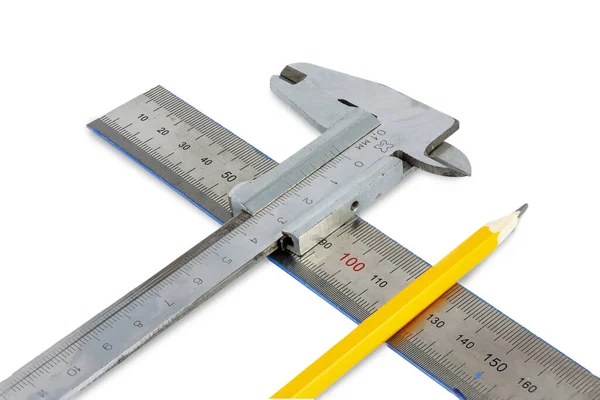 Деревянный Карандаш Линейка Vernier Caliper Белом Фоне — стоковое фото