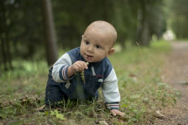 Bir yıl çocuk yaz parkta çim üzerinde koyu kahverengi gözlü