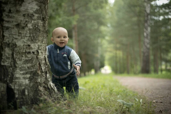 Ein Einjähriger Junge Mit Dunkelbraunen Augen Sommer Auf Dem Rasen — Stockfoto
