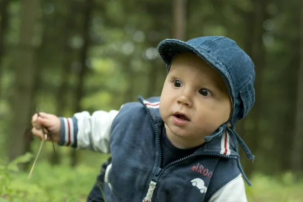 Ein Einjähriger Junge Mit Dunkelbraunen Augen Sommer Auf Dem Rasen — Stockfoto