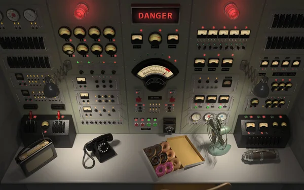 Vintage control room background concept 3D illustration high ang — Stock Photo, Image