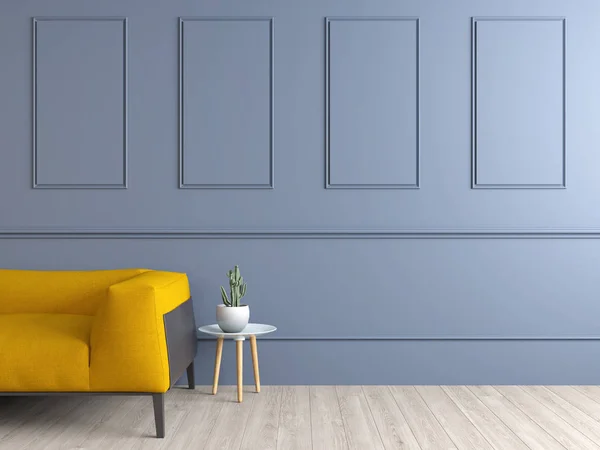 Interior decoração de parede azul com sofá amarelo e espaço de cópia. Renderização 3d — Fotografia de Stock