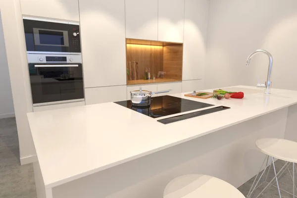Moderne witte keukenaanrecht van dichtbij. 3d renderen — Stockfoto