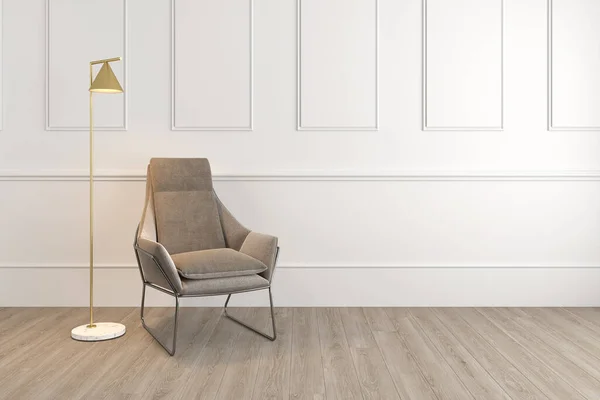 3d renderowania wnętrza biały mur i brązowy fotel — Zdjęcie stockowe