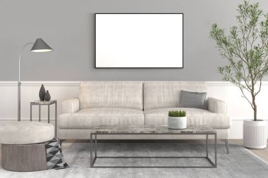 İç dizayn seti, modern zarif oturma odası deri kanepe ve puf, kahve masası, lamba, tencereye bitki ve gri duvara biraz dekorasyon malzemesi ve 3D tasarım için boş çerçeve tuval..