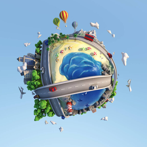 Концептуальный мир, показывающий разнообразие ландшафтов, дорог, городов, транспорта и образа жизни с солнечным счастливым настроением в мультяшном стиле, изолированный от фона с клиппинговой дорожкой, 3d иллюстрация
.