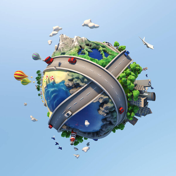 Концептуальный мир, показывающий разнообразие ландшафтов, дорог, городов, транспорта и образа жизни с солнечным счастливым настроением в мультяшном стиле, изолированный от фона с клиппинговой дорожкой, 3d иллюстрация
.