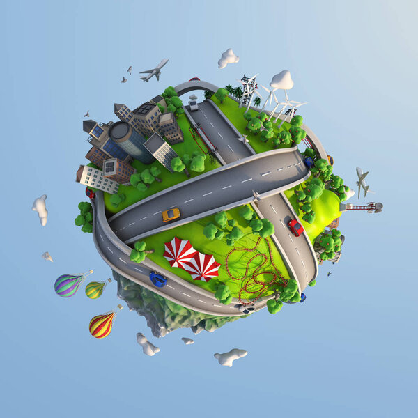 Концептуальный мир, показывающий разнообразие ландшафтов, дорог, городов, транспорта и образа жизни с солнечным счастливым настроением в мультяшном стиле, изолированный от фона с клиппинговой дорожкой, 3d иллюстрация
.