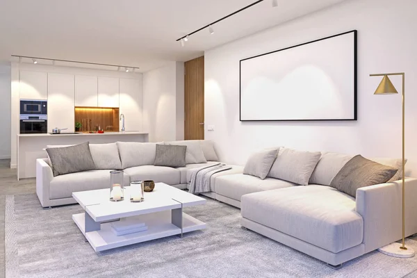 Interieurszene eines modernen Wohnraums mit Wohnzimmer und Küche in grauen und weißen Farben mit großer Couch, Tisch, Teppich, Lampe, Dekorationsrequisiten und gerahmter weißer Leinwand zum Attrappen, 3D-Rendern. — Stockfoto