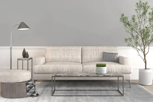 Inredning setup, modernt elegant vardagsrum med lädersoffa och puff, coffe bord, lampa, växt på en kruka och några dekoration rekvisita på grå tom vägg för mock up 3D render. — Stockfoto