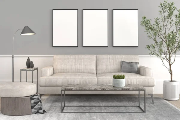 Interior design setup, modern elegant living-room with leather couch and puff, coffe table, lamp, plant on a pot and some decoration props on grey wall and three frame canvas for mock up 3d render. — 스톡 사진