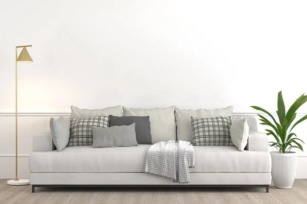 Wyposażenie wnętrz, nowoczesny elegancki salon składający się z białej kanapy z różnymi poduszkami i tkaninami, lampy i roślin na garnku na białej pustej ścianie do makiety 3d renderowania. — Zdjęcie stockowe