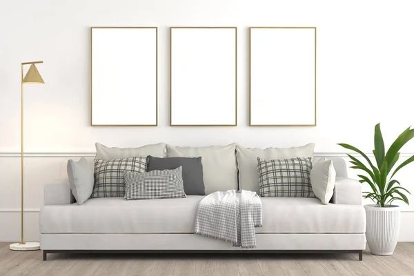 Configuración de diseño de interiores, moderno salón elegante que consta de sofá blanco con varias almohadas y textiles, lámpara y planta en una olla en la pared blanca con lienzo blanco enmarcado para maqueta de renderizado 3d . —  Fotos de Stock