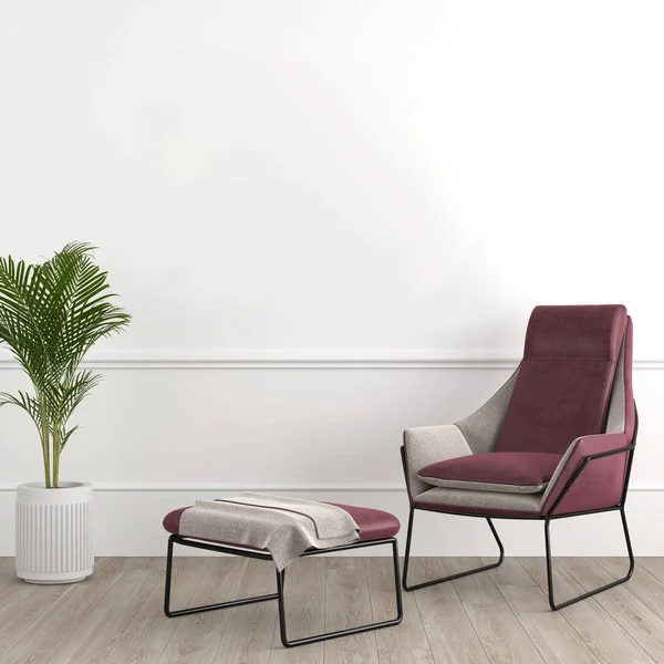 Diseño de interiores moderno y elegante que consta de sillón con reposapiés y planta tropical en una olla en la pared vacía blanca para maqueta de renderizado 3d . —  Fotos de Stock