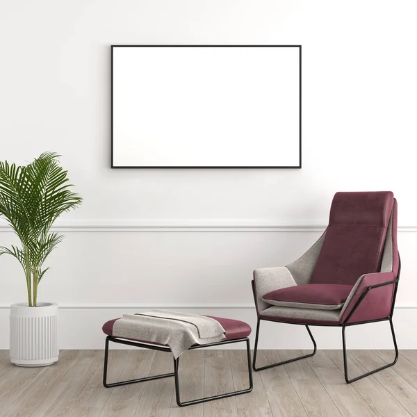 Diseño de interiores moderno y elegante que consta de sillón con reposapiés y planta tropical en una olla en la pared blanca con lienzo enmarcado blanc para maqueta de renderizado 3d . — Foto de Stock