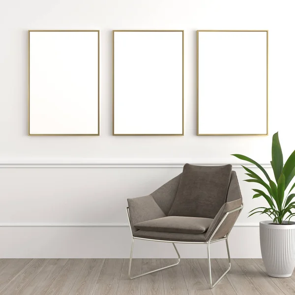 Diseño de interiores moderno y elegante que consta de sillón con reposapiés y planta tropical en una olla en la pared blanca con tres lienzos blancos enmarcados para maqueta 3d render . — Foto de Stock