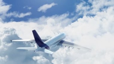 Açık güneşli bir günde beyaz bulutların üzerinde uçan uçak uçağının hava görüntüsü, arka taraftan uçağı takip eden kamera,