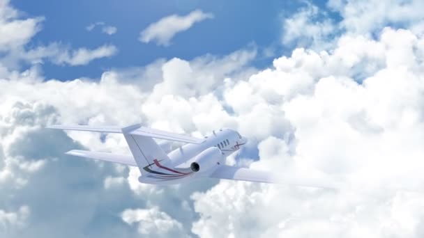 Aerial view of charter private jet flying above white clouds, camera chasing — Stock Video