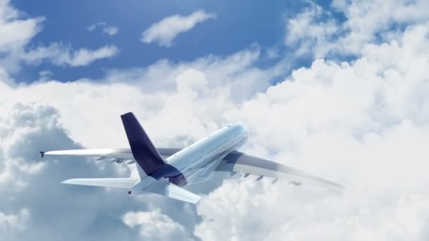 晴れた日に白い雲の上を飛行する航空機の航空ビュー 背面から飛行機を追いかけるカメラ 3Dレンダリング — ストック動画