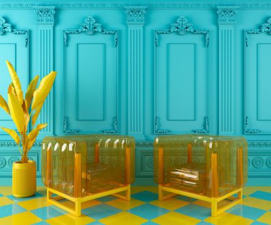 vibrant turquoise blue interior design background with yellow modern transparent armchairs and plant on a molding classic wall, 3d render clipart