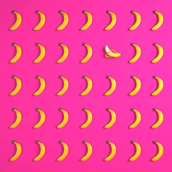 Bananenmuster Einer Reihe Von Säulen Und Reihen Auf Hellrosa Hintergrund — Stockfoto