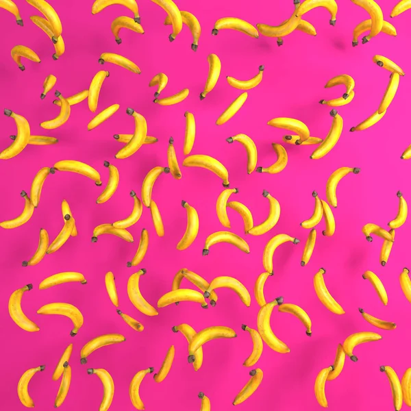 大量香蕉在明亮的粉色背景上以随机模式掉落 3D例证 — 图库照片
