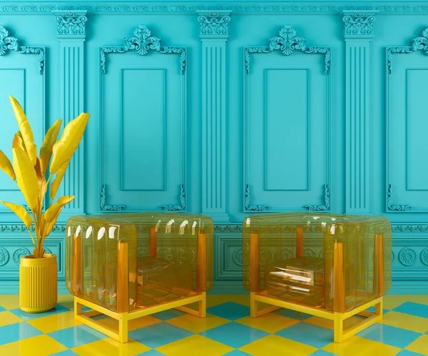 黄色の現代的な透明アームチェアと成形古典的な壁に植物と鮮やかなターコイズブルーのインテリアデザインの背景 3Dレンダリング — ストック写真