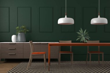 Koyu yeşil duvarı, turuncu masası, sandalyeleri ve ahşap mobilyaları olan zarif ve modern yemek odası dekorasyonu.